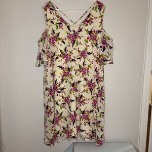 BOBEAU Cold Shoulder Shift Dress Lined Ivory Pink Sz 2X Ruffle Sleeve Open Back
